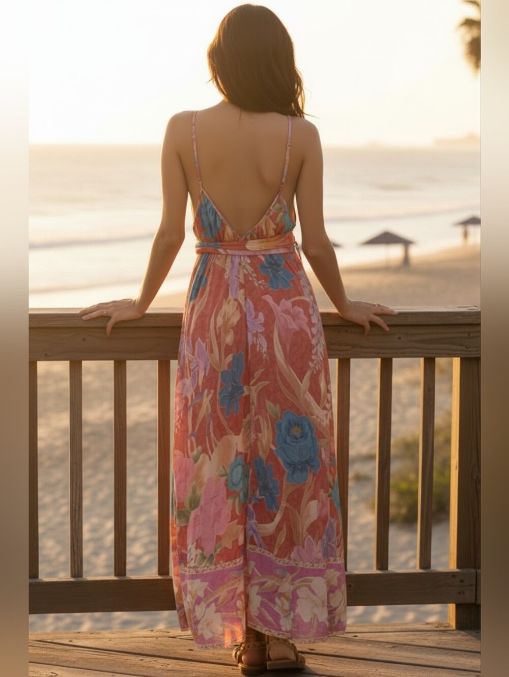 Tie Waist Belted Bright Contrasting Floral V-Neck Open Back Spaghetti Strap Maxi - Picture 6 of 11